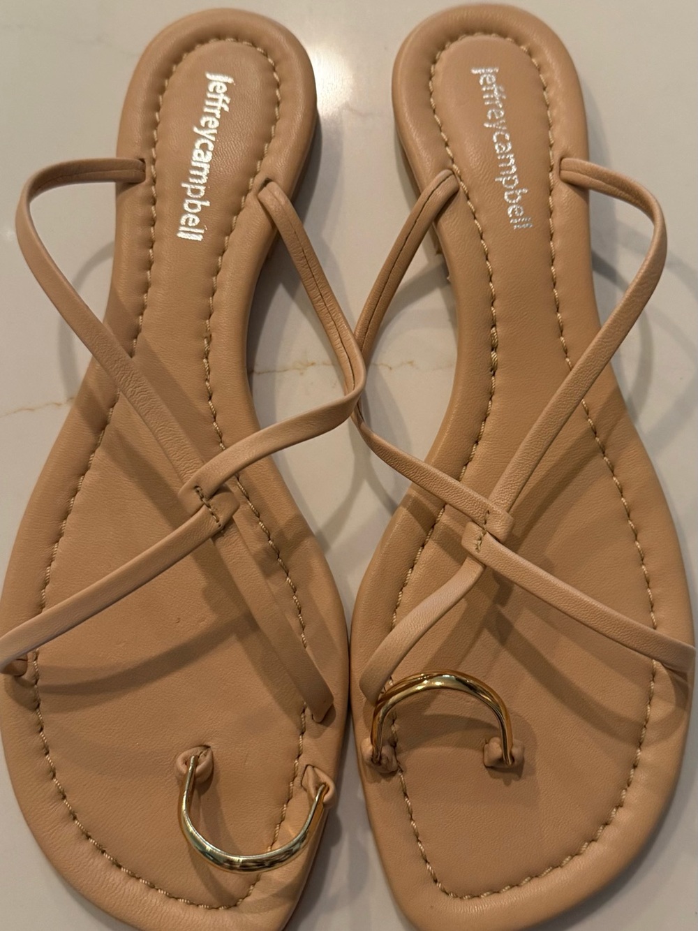 Jeffrey Campbell Nude Tan Strappy Toe-Ring Sandals with Gold Accent